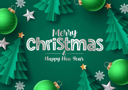 Christmas tree vector greeting card. Merry christmas greeting text with green pine tree, snowflakes, balls and stars in green background. Vector illustration.のイラスト素材