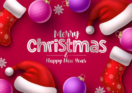 Christmas hat and sock vector banner. Merry christmas greeting text for holiday season with xmas elements like santa hat, socks, balls, and snowflakes. Vector Illustration.のイラスト素材