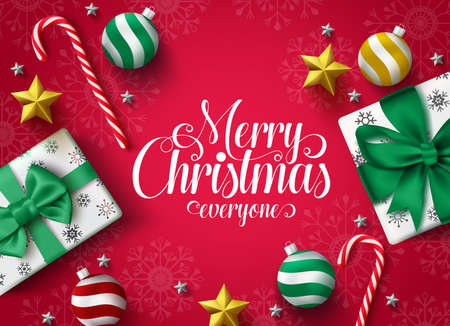 Christmas greeting vector banner design. Merry christmas typography greeting text for holiday season with decoration of xmas gift, ball, star and candy cane in red background with snowflakes pattern. Vector illustraion.のイラスト素材