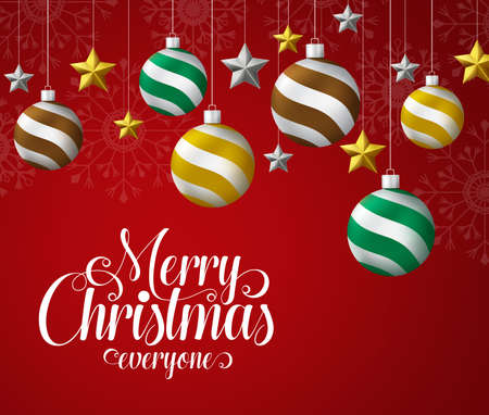 Christmas ball hanging vector design. Merry christmas everyone greeting text with xmas balls and stars decoration hanging in red background with snowflakes background. Vector illustration.のイラスト素材