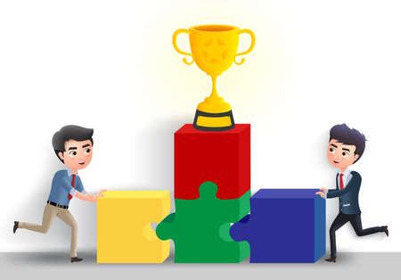 Business team building vector character concept. Business office employee building puzzle activity with golden cup trophy element in white empty background. Vector illustration.のイラスト素材