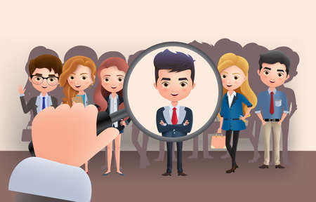 Business employee recruitment vector characters. Business character concept hiring applicant using magnifying glass in brown empty background. Vector illustration.のイラスト素材