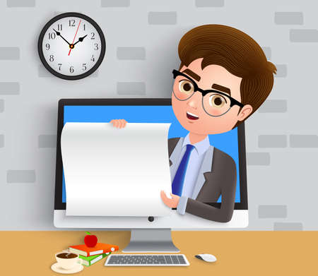 Business online presentor character vector concept. Business man sales employee presenting and talking in computer with desk while holding white empty paper. Vector illustration.のイラスト素材