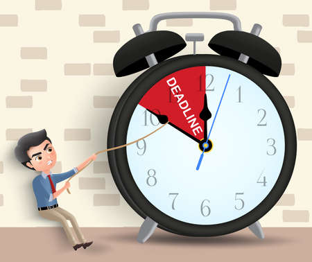 Business deadline vector character concept. Man business character pulling alarm clock arrow before deadline using rope in brown wall background. Vector illustration.のイラスト素材