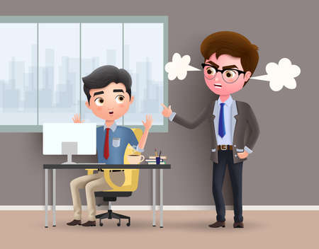 Angry boss business character vector concept. Office employee caught by angry boss while working in office desk. Vector illustration.のイラスト素材
