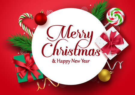 Christmas greeting in white frame vector banner background. Merry christmas typography with colorful xmas element of gift, candy cane, ball, and pine leaves with empty space for text and messages in red background. Vector illustration.のイラスト素材