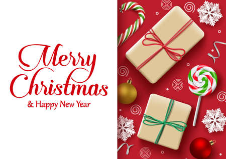 Merry christmas greeting card vector background. Christmas elements of gift, candy cane and snow flakes with empty white space for text and red background. Vector illustration.のイラスト素材