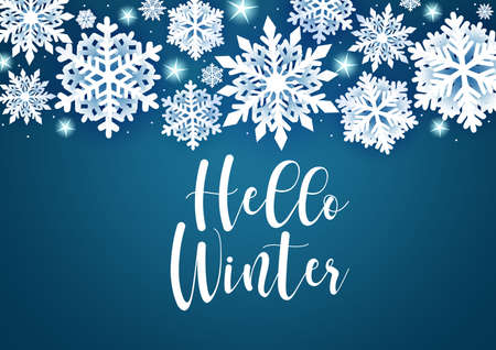 Winter greeting vector background. Hello winter text with paper cut snowflakes and star elements and empty space for messages in blue background. Vector illustration.のイラスト素材