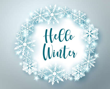 Winter greeting in circle frame vector banner template. Hello winter text with snowflakes and star elements and empty space for messages in white background. Vector illustration.のイラスト素材