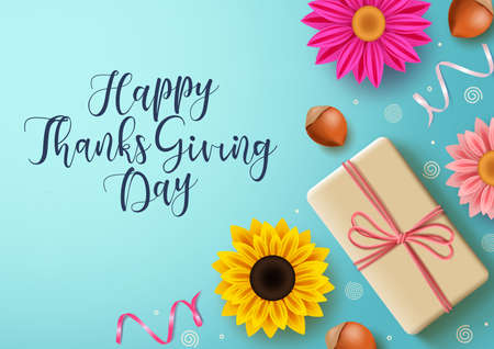 Thanks giving greeting vector background. Happy thanks giving day typography with gift, flowers and cobnut elements with empty space for text and messages in blue background. Vector illustration.のイラスト素材