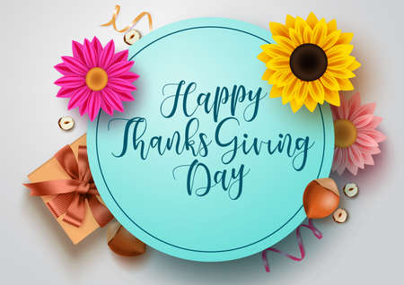 Thanks giving greeting in blue circle frame vector background template. Happy thanks giving day typography text with colorful elements of flowers, cobnuts, gift and confetti in gray background. Vector illustration.のイラスト素材