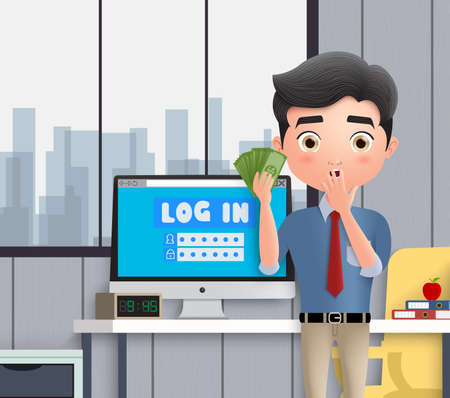 Business character social media login vector concept. Business character male employee surprise and shocked while holding money profit of online business. Vector illustration.のイラスト素材