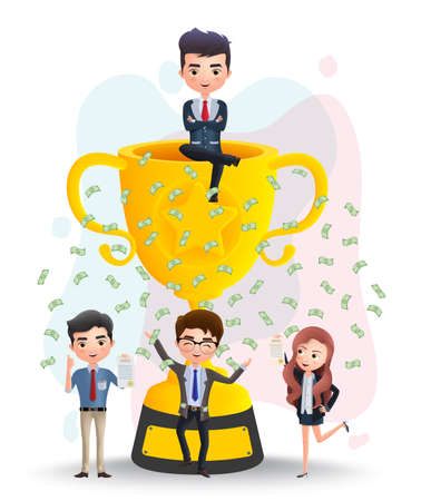 Business character in achievement vector concept. Business employee characters with promotion sitting in trophy golden cup with money falling and happy celebrating. Vector illustration.のイラスト素材