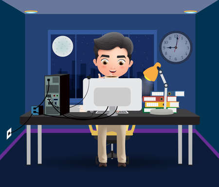Business character overtime employee vector concept. Male business character office employee working late at night while sitting and drinking coffee in blue dark room background. Vector illustration.のイラスト素材