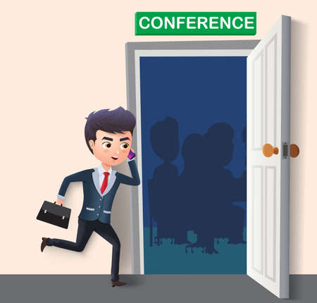 Business character attending conference vector concept. Business male character late running and calling with mobile phone in ongoing conference meeting of sales marketing in conference room. Vector illustration.のイラスト素材