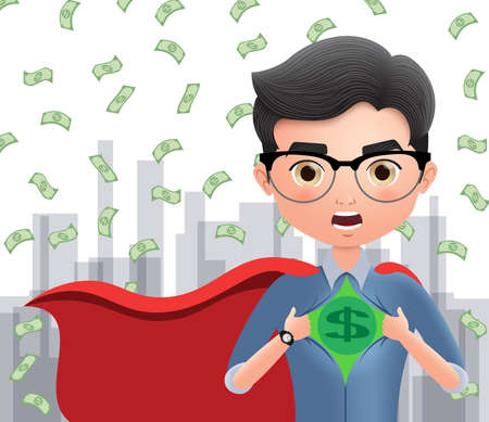 Business character super hero vector concept. Business super hero character standing in cap with falling dollar money in building background. Vector illustration.のイラスト素材