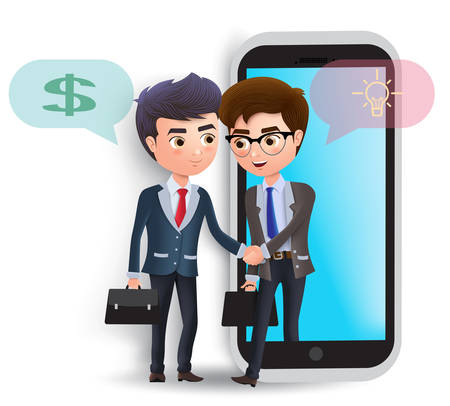 Business characters mobile agreement vector concept. Two businessman character handshake for online deal agreement in phone background. Vector illustration.のイラスト素材