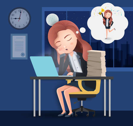 Business character overtime sleeping vector concept. Female lazy business character employee sleeping and dreaming job achievement and promotion. Vector illustration.のイラスト素材
