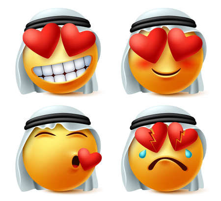 Arab emoticon of heart and love vector emoji set. Saudi arabian emoticon cute face in in love, broken, hurt and loved expression wearing traditional agal and ghutra isolated in white background.のイラスト素材