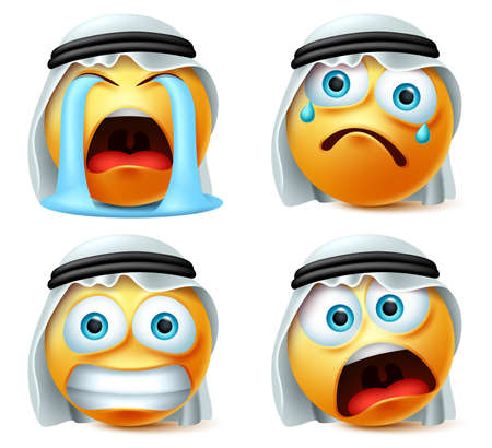 Emoticon arab crying emoji vector set. Saudi arab emoticon or emoji yellow face in crying, scared, surprise and sad emotion with white traditional thawb and background. Vector illustrationのイラスト素材