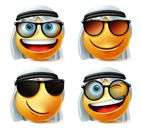 Emoticon Arab saudi with glasses vector set. Saudi arab emoji face or emoticon wearing sunglasses, eyeglasses and ghutra in naughty, happy and smiling facial expressions in white background. Vector illustration.のイラスト素材