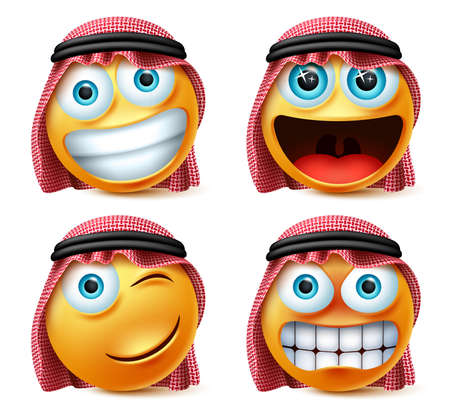 Saudi arab emojis vector set. Saudi arab emoticon or emoji face in excited, angry and naughty expression wearing agal and ghutra isolated in white background. Vector illustration.のイラスト素材