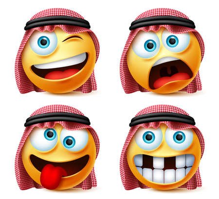 Saudi arab emoticon vector set. Saudi arabian emoji face head in funny, crazy and naughty facial expression with  thawb isolated in white background. Vector illustration.のイラスト素材