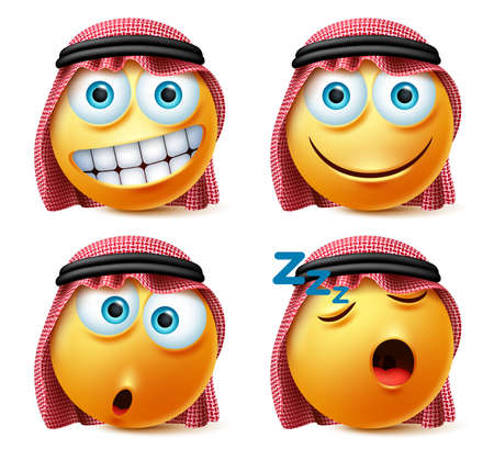 Saudi arab emoticons vector set. Saudi arab face emojis with sleeping, surprise and happy expressions for avatar character collection isolated in white background. Vector illustration.のイラスト素材
