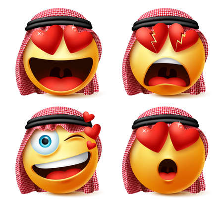 Saudi arab with love hearts emoticon vector set. Emoticons and emoji face in love, broken and surprise wearing traditional thawb isolated in white background. Vector illustration.のイラスト素材