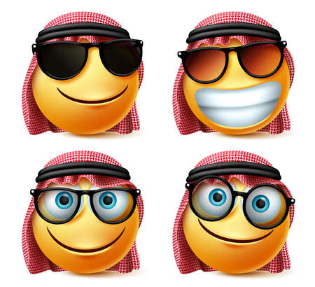 Saudi arab vector emoji glasses emoticon set. Saudi arab emoticon face wearing sunglasses and eyeglasses in smiling, joyful and happy facial expression in 3d realistic character isolated in white background. Vector illustration.のイラスト素材