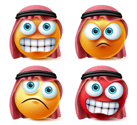 Angry saudi arab emoji and emoticon vector set. Emoticons of saudi arabian wearing thawb in angry, stress and crazy mood isolated in white background. Vector illustration.のイラスト素材