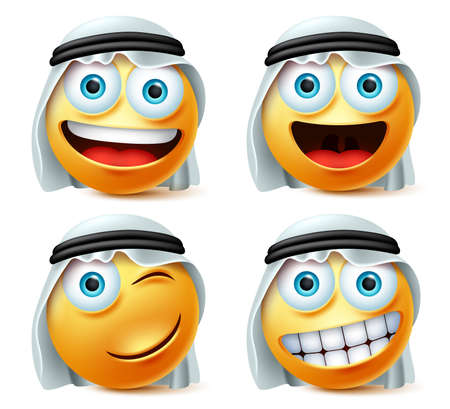 Happy arab emoji and emoticon vector set. Saudi arabian cute emojis face with happy, naughty and smiling facial expression wearing white thobe isolated for avatar collection. Vector illustration.のイラスト素材