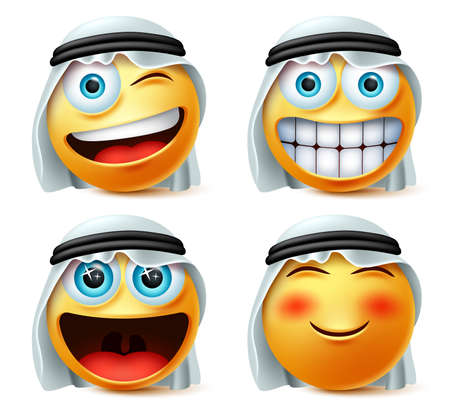 Arab emoticon or emojis vector set. Saudi arab emoticon face head with naughty and excited wearing traditional thwab isolated in white background. Vector illustration.のイラスト素材