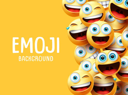 Emojis vector background. Funny smiley emoji background text with emoticon group face head in excited, surprise, smiling and happy expression in yellow empty space background. Vector illustration.のイラスト素材
