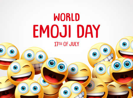 World emoji day vector banner background. World emoji day text with group of funny smiley emojis in different facial expression in empty space white background. Vector illustration.のイラスト素材