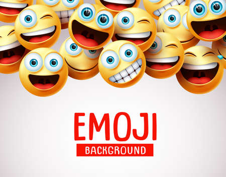 Emoji background vector template. Emoji background text with 3d realistic cute smiley emojis face in happy, funny, surprise and naughty emotion in white empty background. Vector illustration.のイラスト素材
