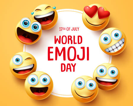 World emoji day vector background template. World emoji day text in circle white frame with cute smileys emojis face and different facial expression in yellow empty background. Vector illustration.のイラスト素材