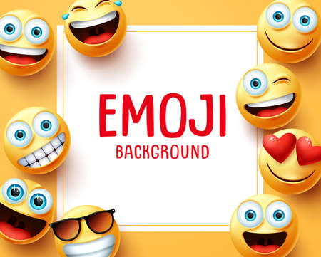 Emoji emoticons vector background template. Emoji background text in white space with group of smiley emojis face elements in yellow background. Vector illustration.のイラスト素材