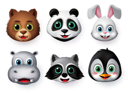 Animals emoji and emoticon happy face vector set. Emojis or emoticons of animals creature like bear, panda, rabbit, hippopotamus, wolf and penguin character in smiling facial expressions isolated in white background. Vector illustration.のイラスト素材
