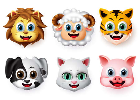 Emojis and emoticons animal happy face vector set. Animal emoji face of lion, lamb, tiger, dog, cat and pig character creature in smiling expressions isolated in white background. Vector illustration.のイラスト素材
