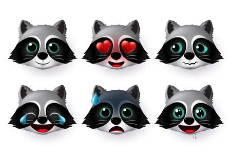 Wolfs emoji or emoticon vector set. Wolf face emojis avatar character in  hungry, scared, laughing, exhausted, in love and happy facial expressions isolated in white background. Vector illustration.のイラスト素材