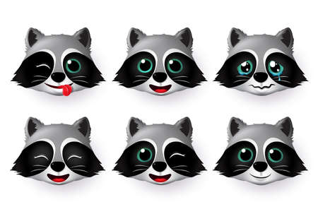 Emojis wolf face vector set. Wolfs emoji or emoticon animal faces in naughty, crying, cute, smiling and happy mood isolated in white background. Vector illustration.のイラスト素材