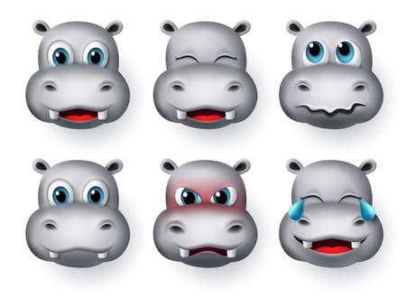 Hippopotamus emoji vector set. Hippopotamus or hippo face emojis and emoticons animal character with laughing, scared, smiling and angry expressions isolate in white background. Vector illustration.のイラスト素材