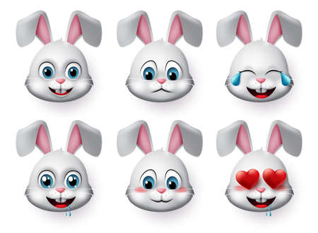 Rabbit emojis vector set. Rabbit or bunny emoticon cute face animal character with laughing, hungry, sad, blushing and in love mood or emotions isolated in white background. Vector illustration.のイラスト素材