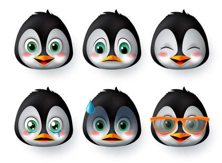 Penguins emoji or emoticon face vector set. Penguin emoji animal face wearing sunglasses with happy, scared, crying, and sad emotions for avatar and character  collection isolated in white background. Vector illustration.のイラスト素材