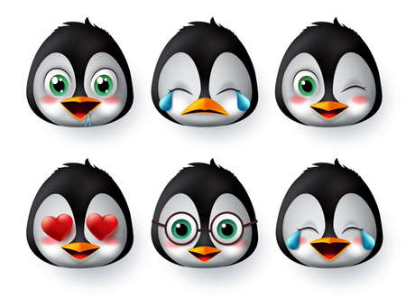 Emoticon or emojis penguin face vector set. Penguins emoji animal faces with in love, crying, laughing, cute and hungry facial expressions character isolated in white background. Vector illustration.