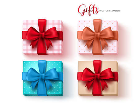 Gifts decoration vector set. Gifts object for chrsitmas, birthday and anniversary present with colorful ribbon isolated in white background. Vector illustration.のイラスト素材