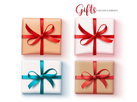 Gifts vector object set. Gift element for christmas, birthday and anniversary celebration in top view isolated in white background. Vector illustration.のイラスト素材