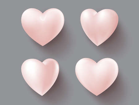 White heart valetines vector set. Hearts white elements with 3d realistic shape isolated in gray background. Vector illustration.のイラスト素材