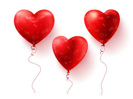 Heart balloons vector element set. Red hearts balloon for valentines elements flying and floating isolated in white background. Vector illustration.のイラスト素材